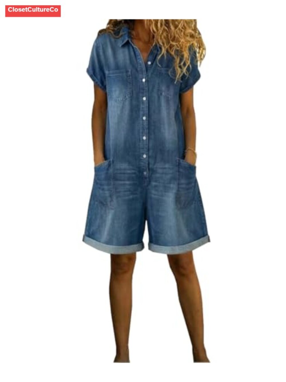 Chambray Denim Romper Button Down Cuffed Hem Short Sleeve Jumpsuit